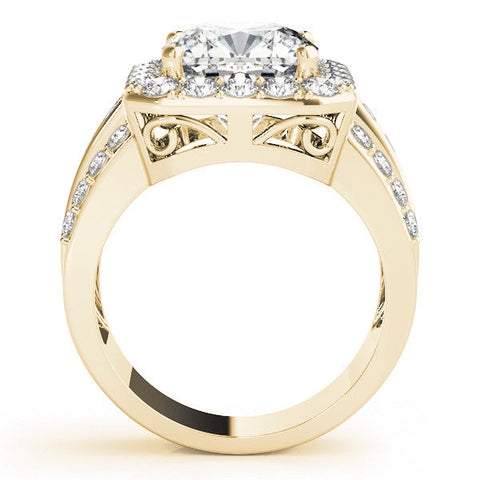 Yellow gold Zambian Emerald Cushion cut -Cut Halo Diamond Ring with Split Shank and Four-Prong Setting