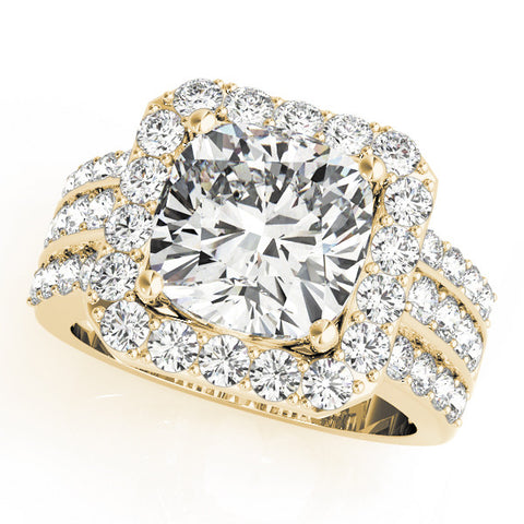 Yellow gold Cushion-Cut Halo Diamond Ring with Split Shank and Four-Prong Setting