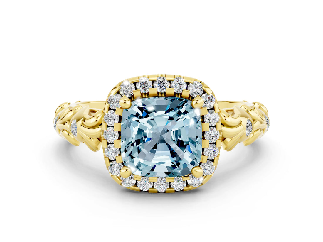 Yellow gold Cushion Cut Halo Diamond Solitaire with Filigree Band and Four-Prong Setting