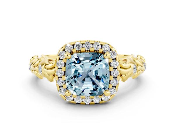 Yellow gold Cushion Cut Aquamarine Halo Ring with Filigree Band and Prong Setting