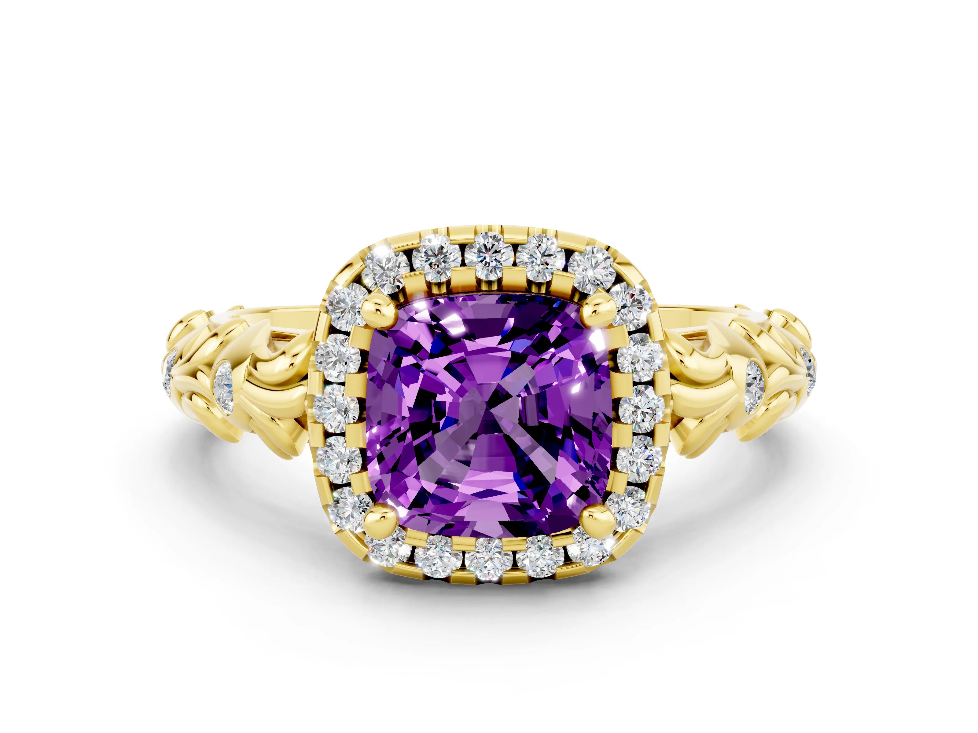 Yellow gold Cushion Cut Halo Diamond Solitaire with Filigree Band and Four-Prong Setting