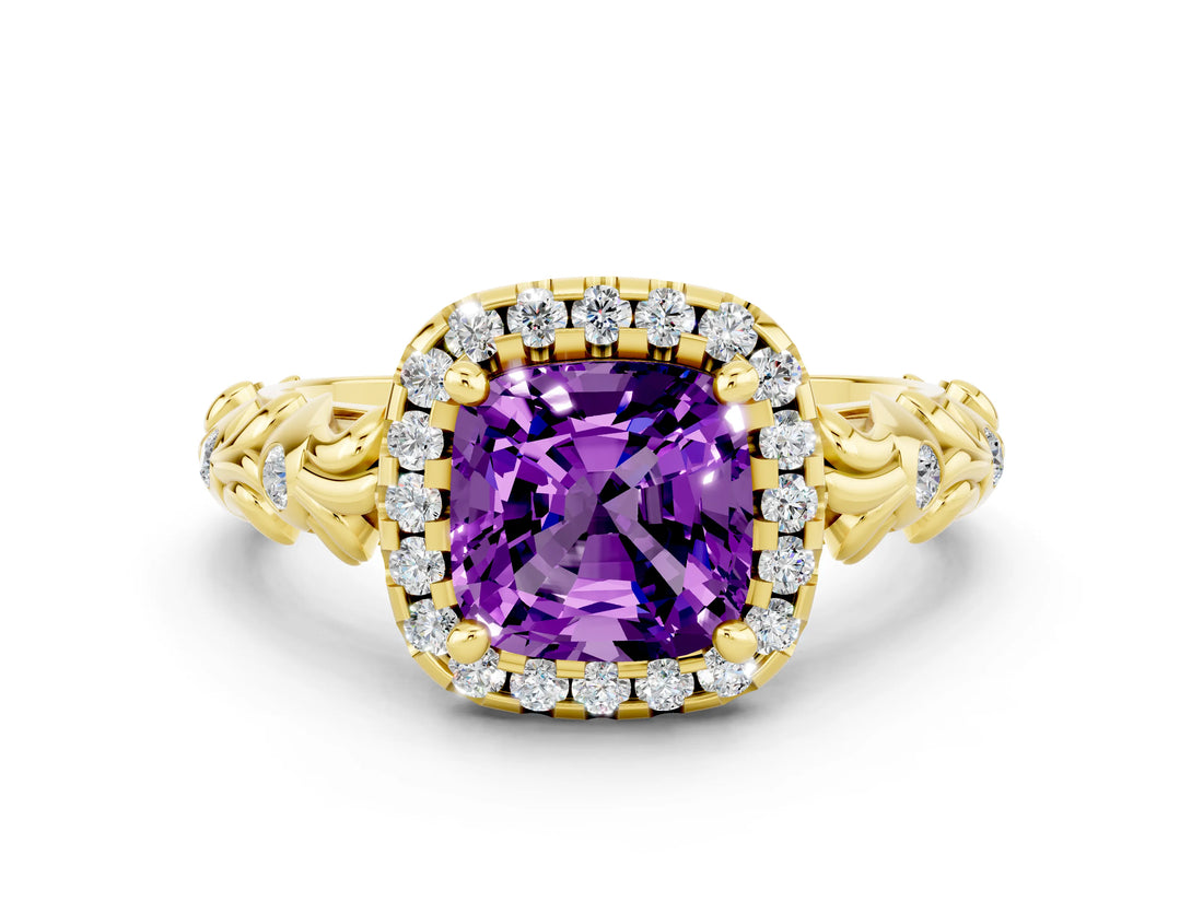 Yellow gold Cushion Cut Halo Diamond Solitaire with Filigree Band and Four-Prong Setting