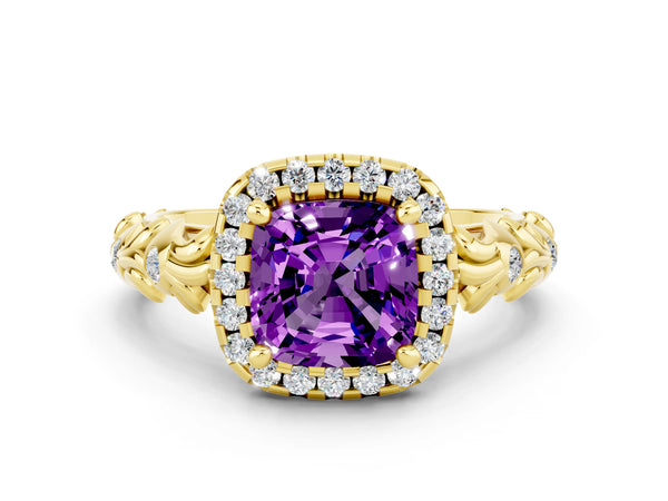 Yellow gold Cushion Cut Amethyst Halo Ring with Filigree Band and Prong Setting