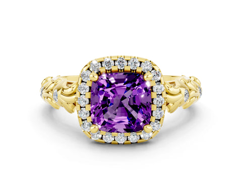 Yellow gold Cushion Cut Halo Diamond Solitaire with Filigree Band and Four-Prong Setting