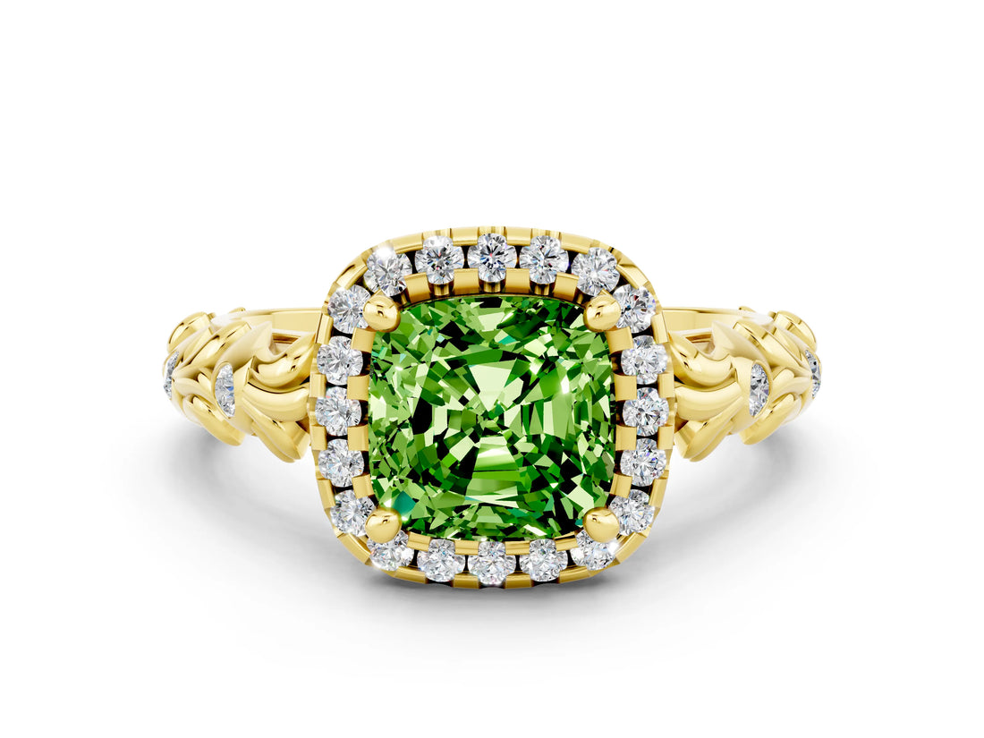 Yellow gold Cushion Cut Halo Diamond Solitaire with Filigree Band and Four-Prong Setting