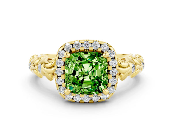Yellow gold Cushion Cut Peridot Halo Ring with Filigree Band and Prong Setting
