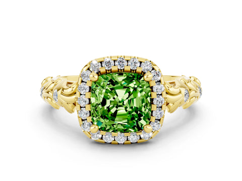 Yellow gold Cushion Cut Halo Diamond Solitaire with Filigree Band and Four-Prong Setting