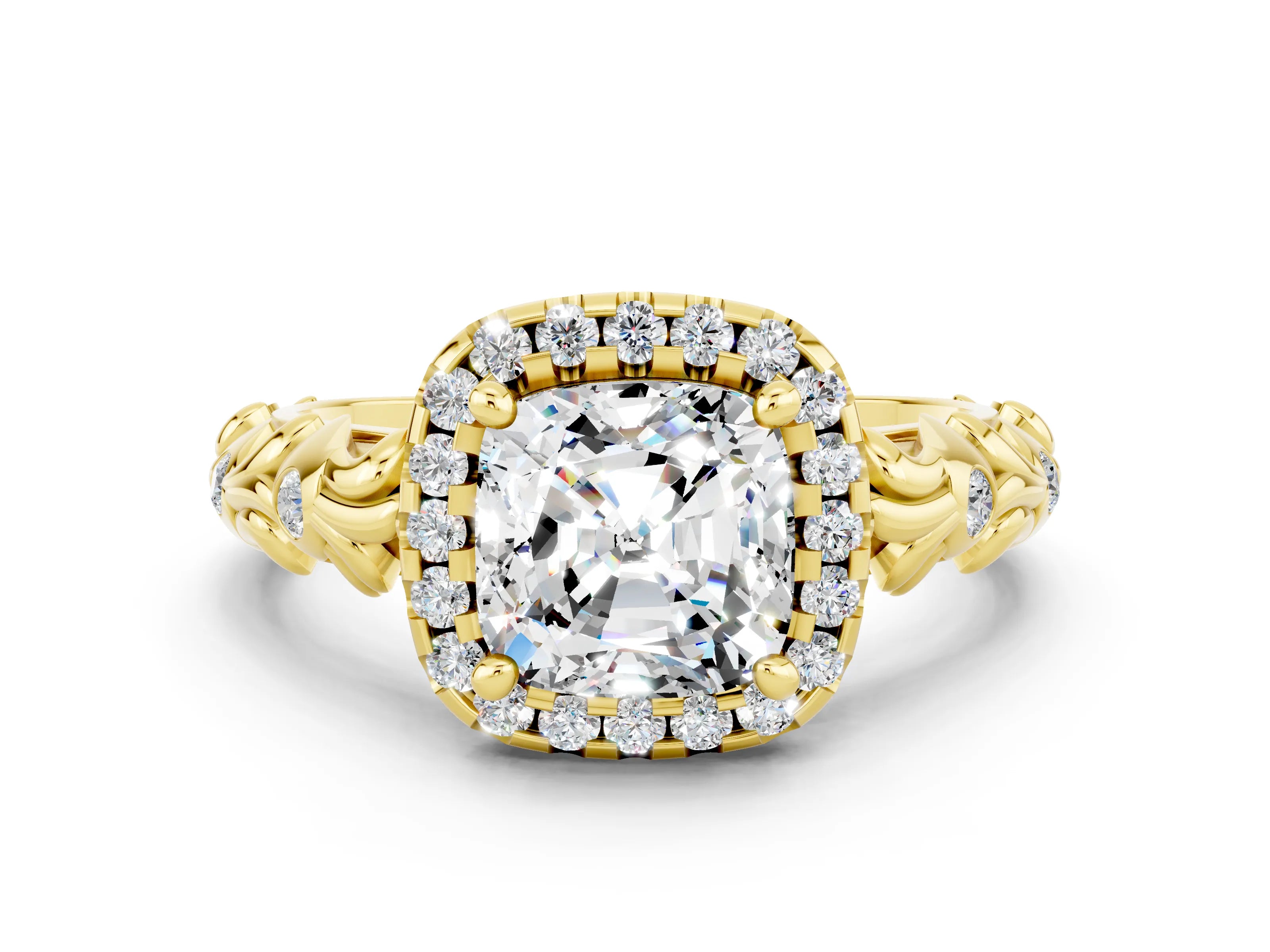Yellow gold Cushion Cut Halo Diamond Solitaire with Filigree Band and Four-Prong Setting