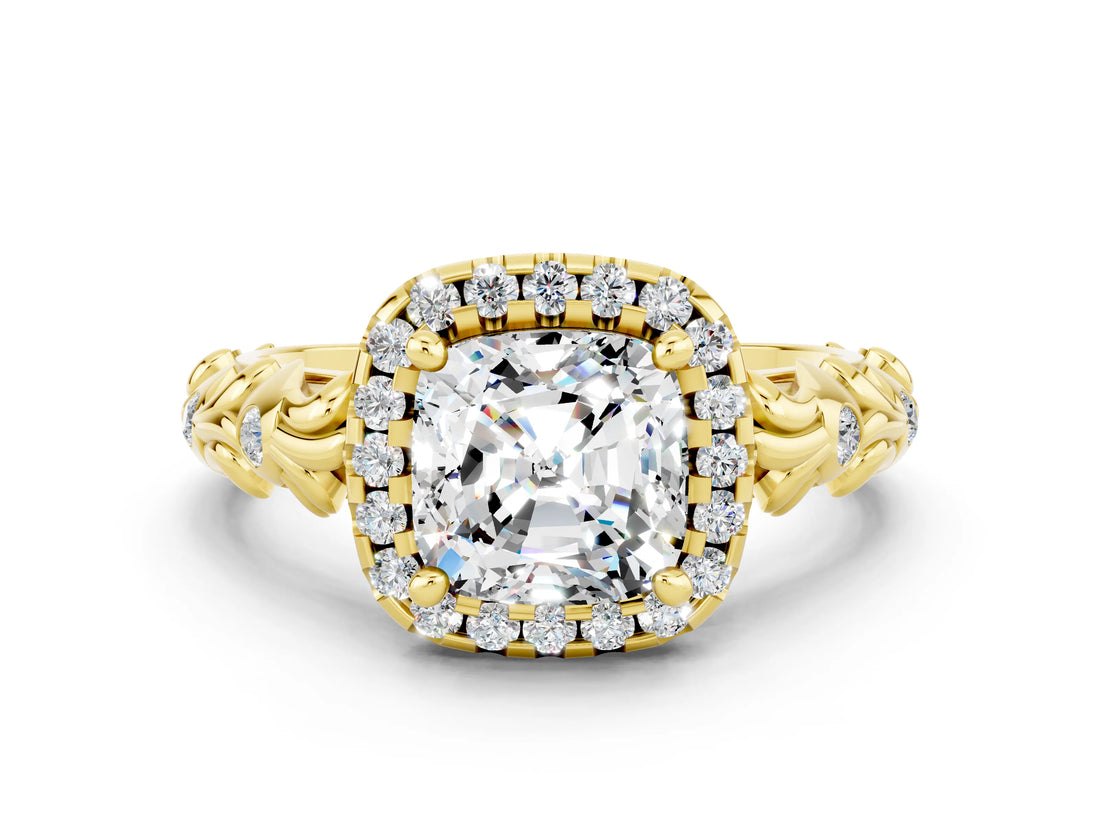 Yellow gold Cushion Cut Halo Diamond Solitaire with Filigree Band and Four-Prong Setting