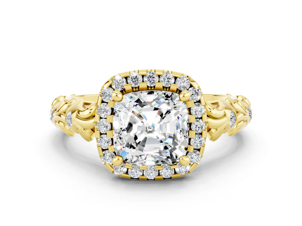 Yellow gold Cushion Cut Moissanite Halo Ring with Filigree Band and Prong Setting