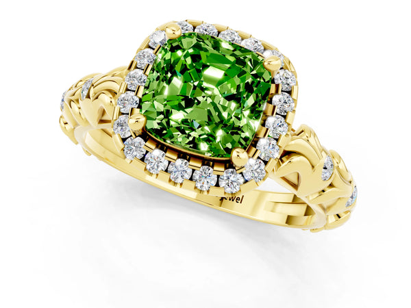 Yellow gold Cushion Cut Peridot Halo Ring with Filigree Band and Prong Setting