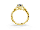 Yellow gold Cushion Cut Halo Diamond Solitaire with Filigree Band and Four-Prong Setting_10