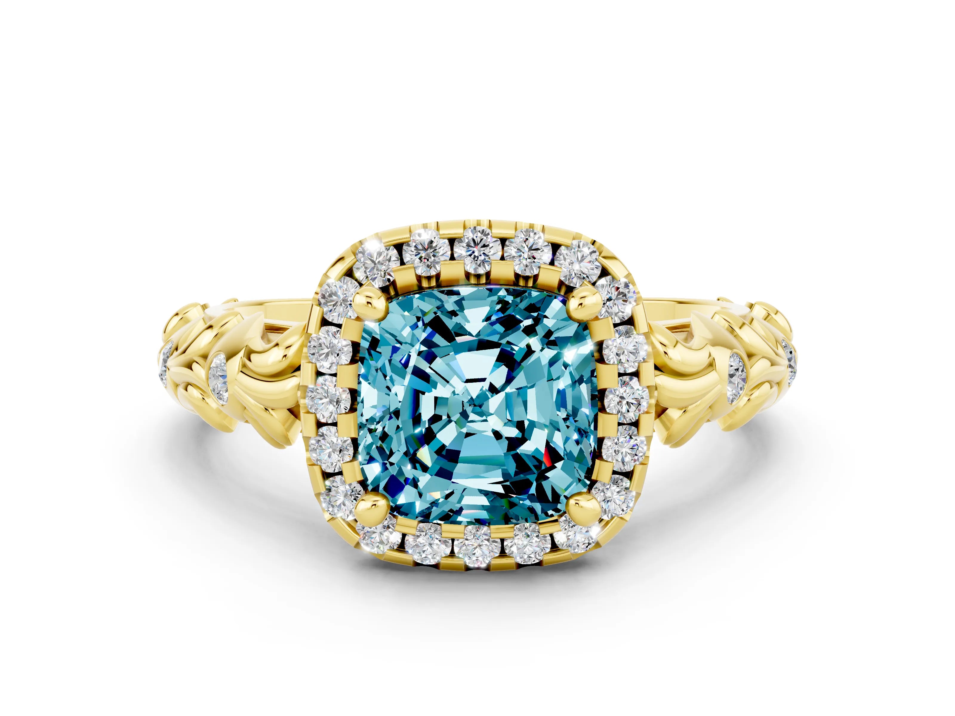 Yellow gold Cushion Cut Halo Diamond Solitaire with Filigree Band and Four-Prong Setting
