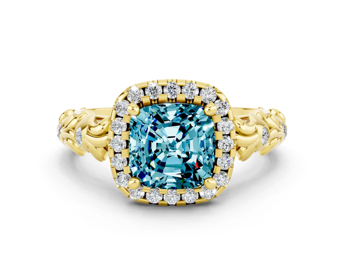 Yellow gold Cushion Cut Halo Diamond Solitaire with Filigree Band and Four-Prong Setting