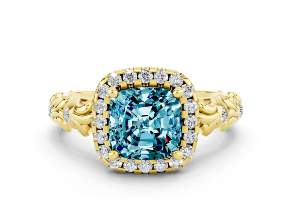 Yellow gold Cushion Cut Halo Diamond Solitaire with Filigree Band and Four-Prong Setting