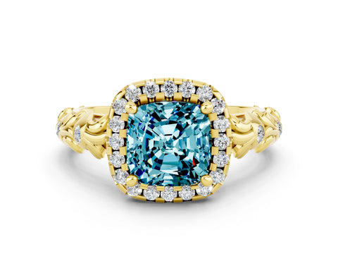 Yellow gold Cushion Cut Halo Diamond Solitaire with Filigree Band and Four-Prong Setting