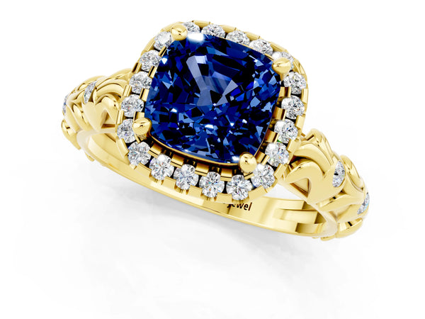 Yellow gold Cushion Cut Blue Sapphire Halo Ring with Filigree Band and Prong Setting