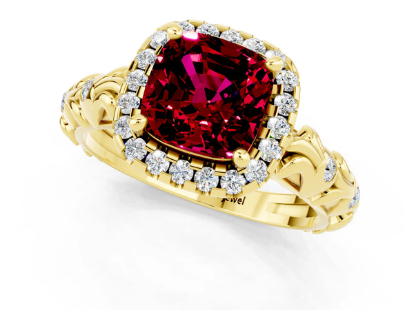 Yellow gold Cushion Cut Garnet Halo Ring with Filigree Band and Prong Setting