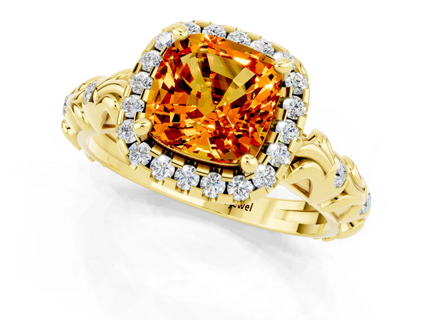 Yellow gold Cushion Cut Citrine Halo Ring with Filigree Band and Prong Setting