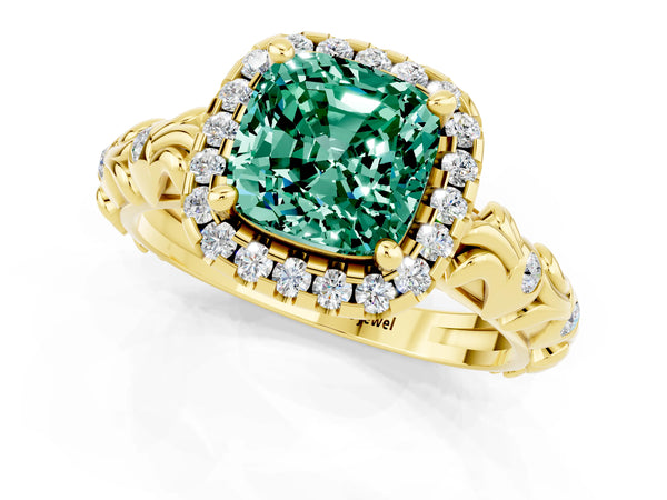 Yellow gold Cushion Cut Green Sapphire Halo Ring with Filigree Band and Prong Setting