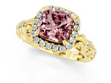 Yellow gold Cushion Cut Halo Diamond Solitaire with Filigree Band and Four-Prong Setting_1