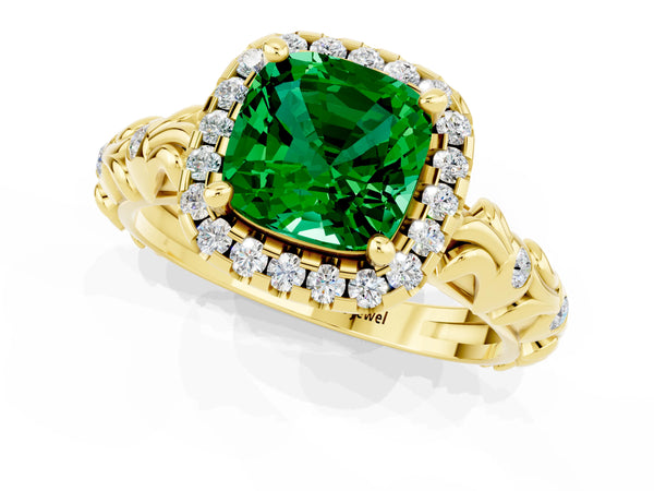 Yellow gold Cushion Cut Emerald Halo Ring with Filigree Band and Prong Setting
