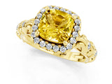 Yellow gold Cushion Cut Halo Diamond Solitaire with Filigree Band and Four-Prong Setting_1