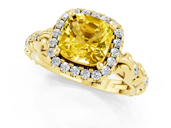 Yellow gold Cushion Cut Yellow Sapphire Halo Ring with Filigree Band and Prong Setting