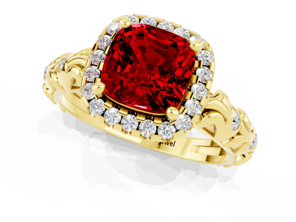 Yellow gold Cushion Cut Ruby Halo Ring with Filigree Band and Prong Setting