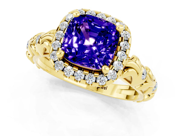 Yellow gold Cushion Cut Tanzanite Halo Ring with Filigree Band and Prong Setting