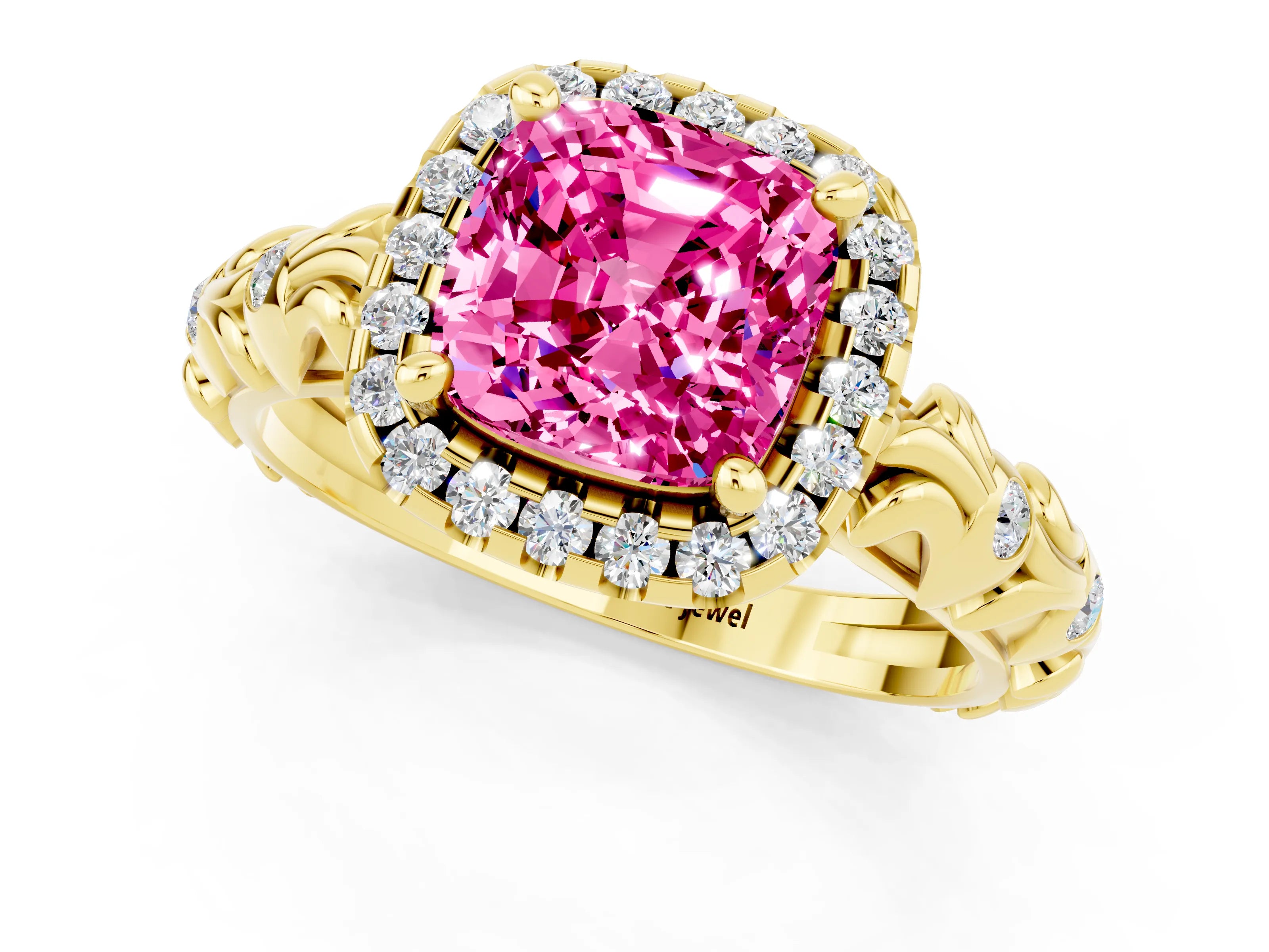 Yellow gold Cushion Cut Halo Diamond Solitaire with Filigree Band and Four-Prong Setting_1