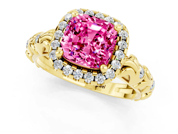 Yellow gold Cushion Cut Pink Sapphire Halo Ring with Filigree Band and Prong Setting