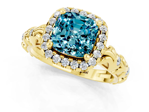 Yellow gold Cushion Cut Halo Diamond Solitaire with Filigree Band and Four-Prong Setting