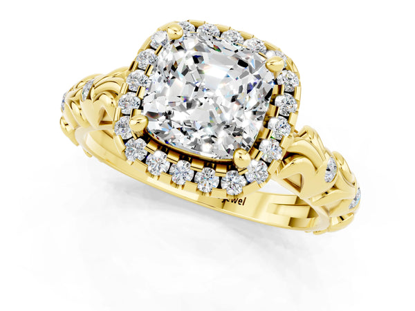 Yellow gold Cushion Cut Moissanite Halo Ring with Filigree Band and Prong Setting