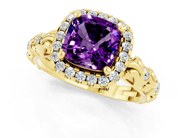 Yellow gold Cushion Cut Amethyst Halo Ring with Filigree Band and Prong Setting