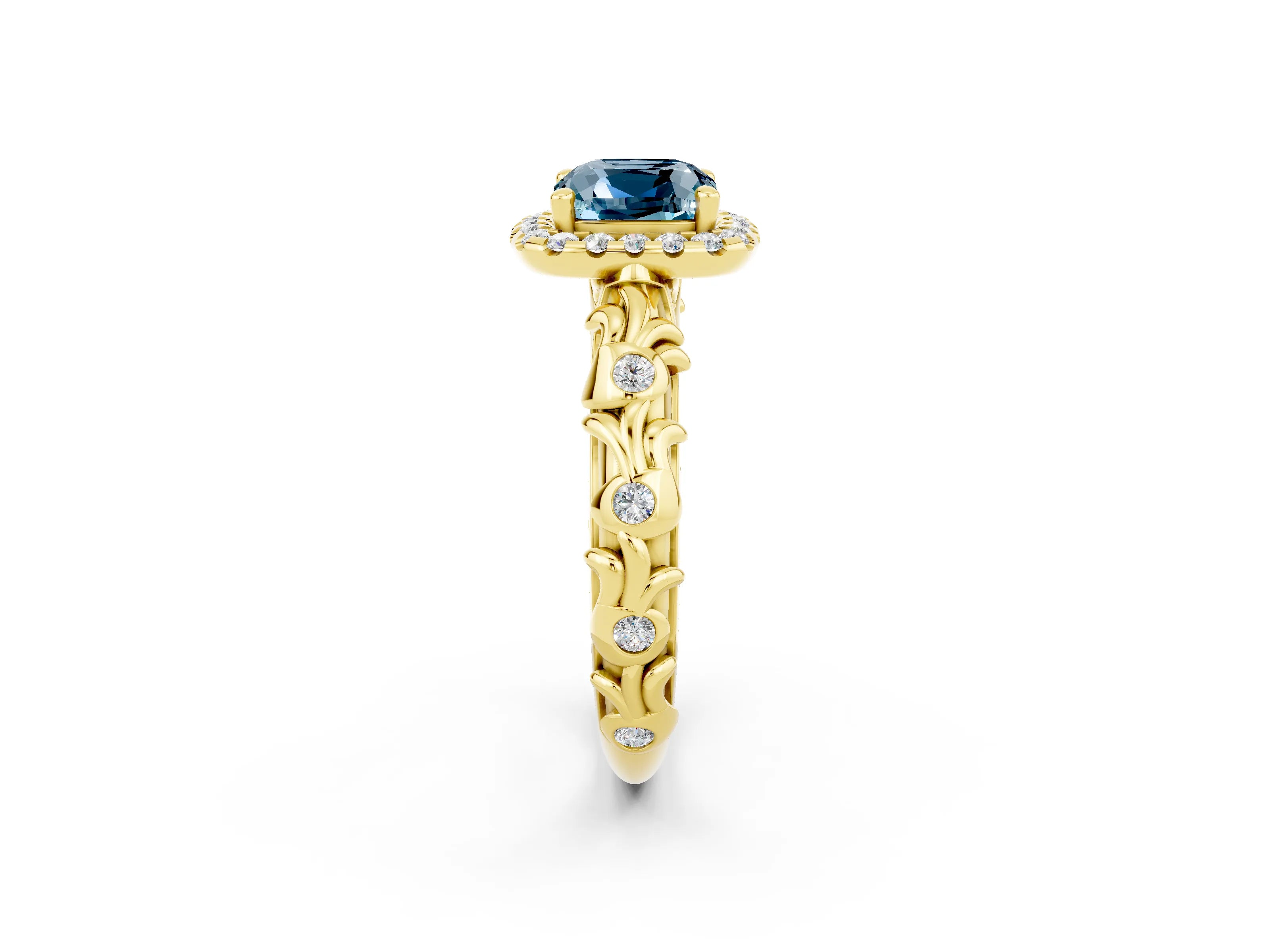 Yellow gold Cushion Cut Halo Diamond Solitaire with Filigree Band and Four-Prong Setting_2