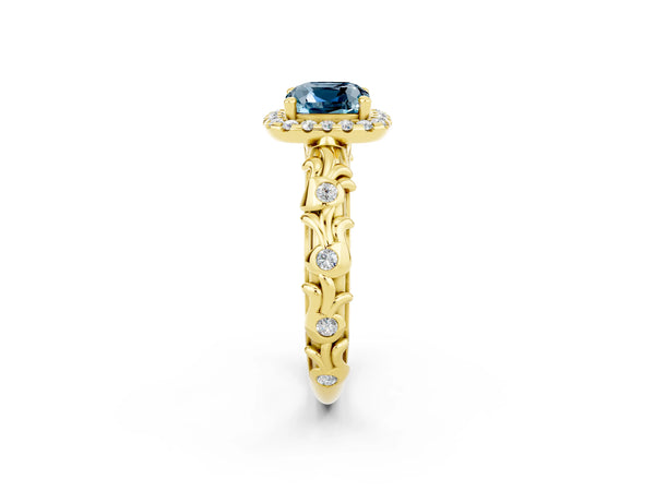 Yellow gold Cushion Cut Aquamarine Halo Ring with Filigree Band and Prong Setting