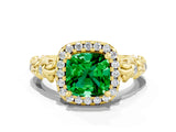 Yellow gold Cushion Cut Halo Diamond Solitaire with Filigree Band and Four-Prong Setting