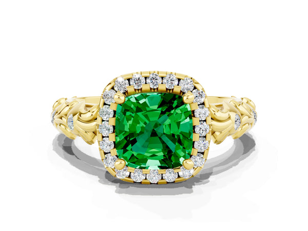 Yellow gold Cushion Cut Emerald Halo Ring with Filigree Band and Prong Setting
