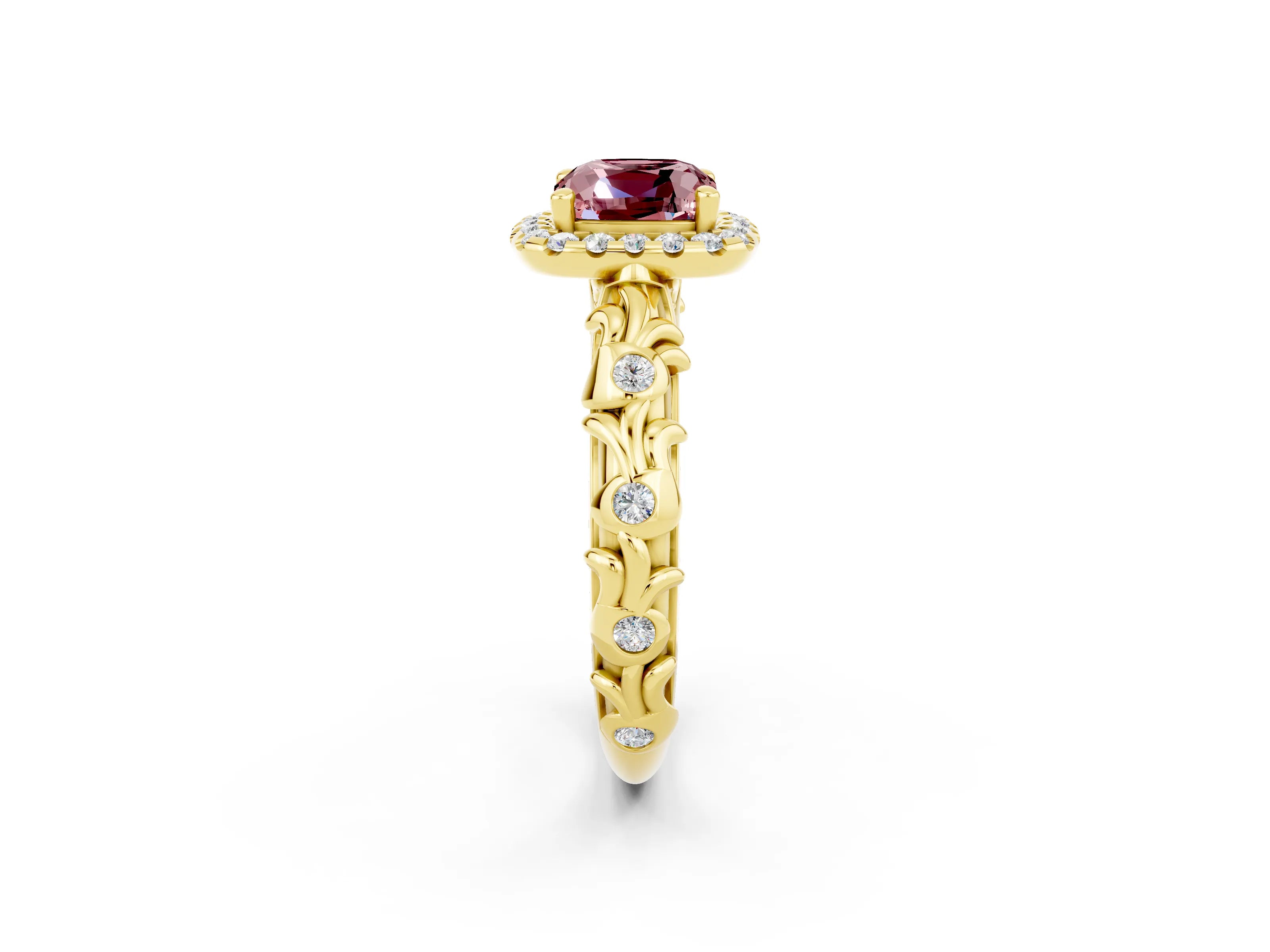 Yellow gold Cushion Cut Halo Diamond Solitaire with Filigree Band and Four-Prong Setting_2