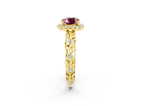 Yellow gold Cushion Cut Halo Diamond Solitaire with Filigree Band and Four-Prong Setting_2