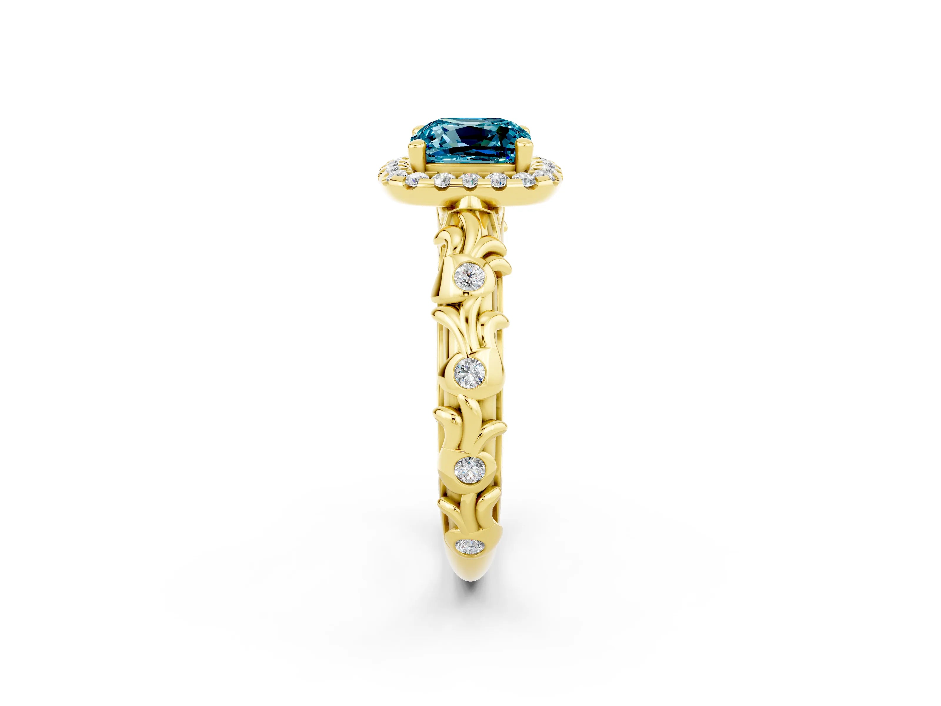Yellow gold Cushion Cut Halo Diamond Solitaire with Filigree Band and Four-Prong Setting_2