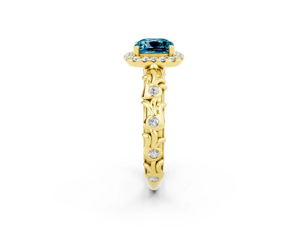 Yellow gold Cushion Cut Halo Diamond Solitaire with Filigree Band and Four-Prong Setting