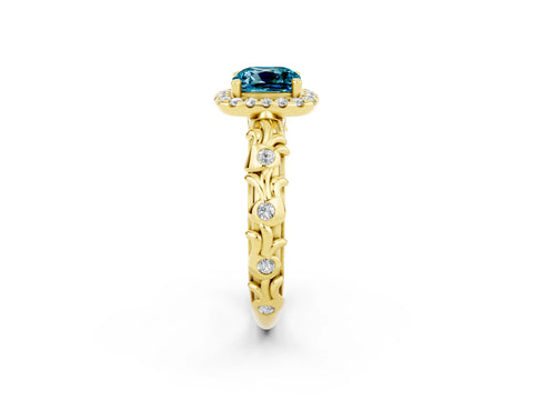 Yellow gold Cushion Cut Halo Diamond Solitaire with Filigree Band and Four-Prong Setting_2