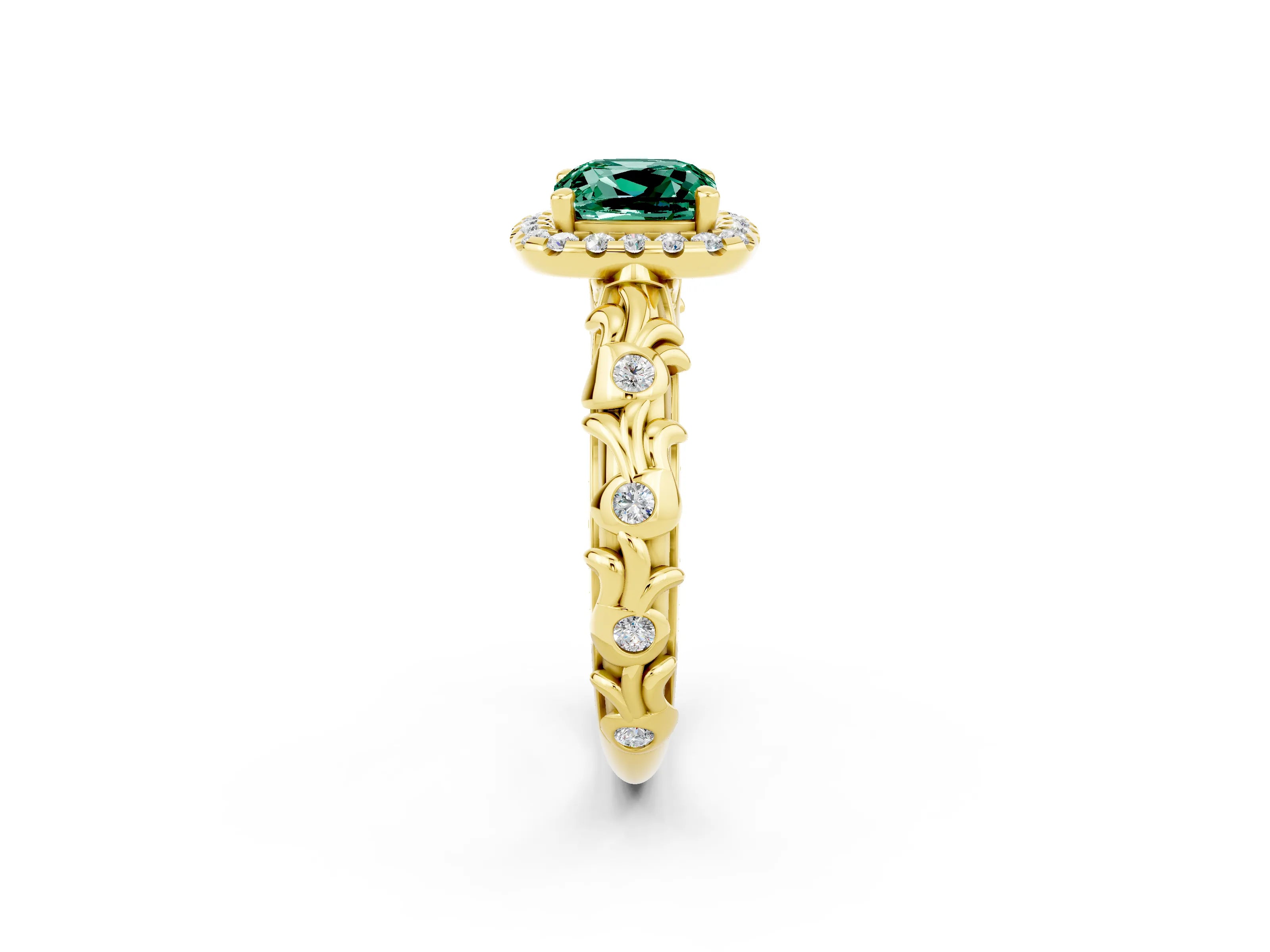 Yellow gold Cushion Cut Halo Diamond Solitaire with Filigree Band and Four-Prong Setting_2