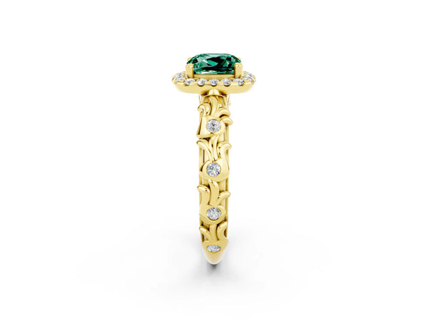 Yellow gold Cushion Cut Green Sapphire Halo Ring with Filigree Band and Prong Setting