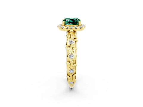 Yellow gold Cushion Cut Halo Diamond Solitaire with Filigree Band and Four-Prong Setting_2