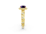 Yellow gold Cushion Cut Halo Diamond Solitaire with Filigree Band and Four-Prong Setting_2