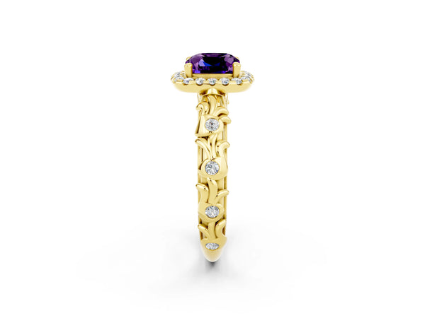 Yellow gold Cushion Cut Amethyst Halo Ring with Filigree Band and Prong Setting