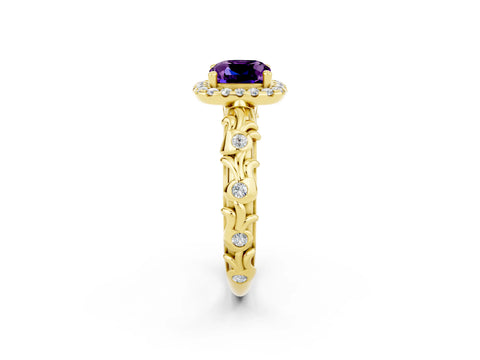 Yellow gold Cushion Cut Halo Diamond Solitaire with Filigree Band and Four-Prong Setting_2